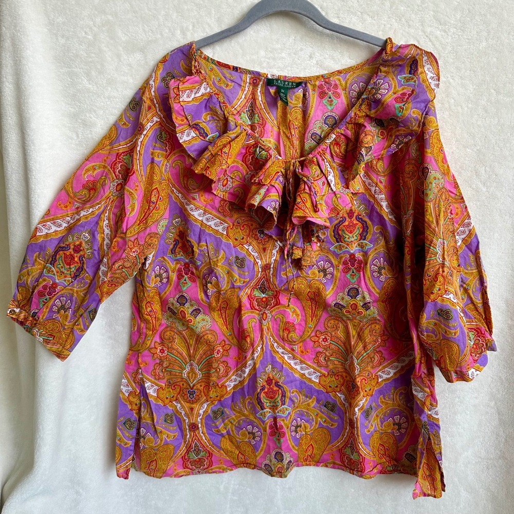 Lauren Ralph Lauren Multicolor Paisley Ruffle Tie-Neck Cotton Blouse Plus 3X